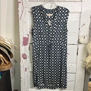 LOFT Dark Blue & Cream Patterned Mini Dress Belted Deep V Half Button Sz Lg